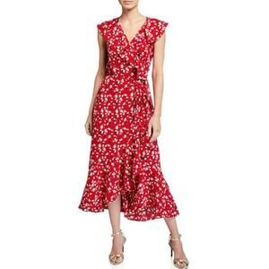 Max Studio Floral Faux Wrap Tie Waist Ruffle Midi Dress Red